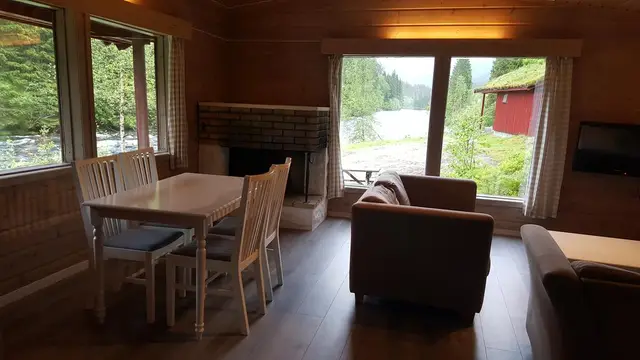 Living room and kitchen with river view